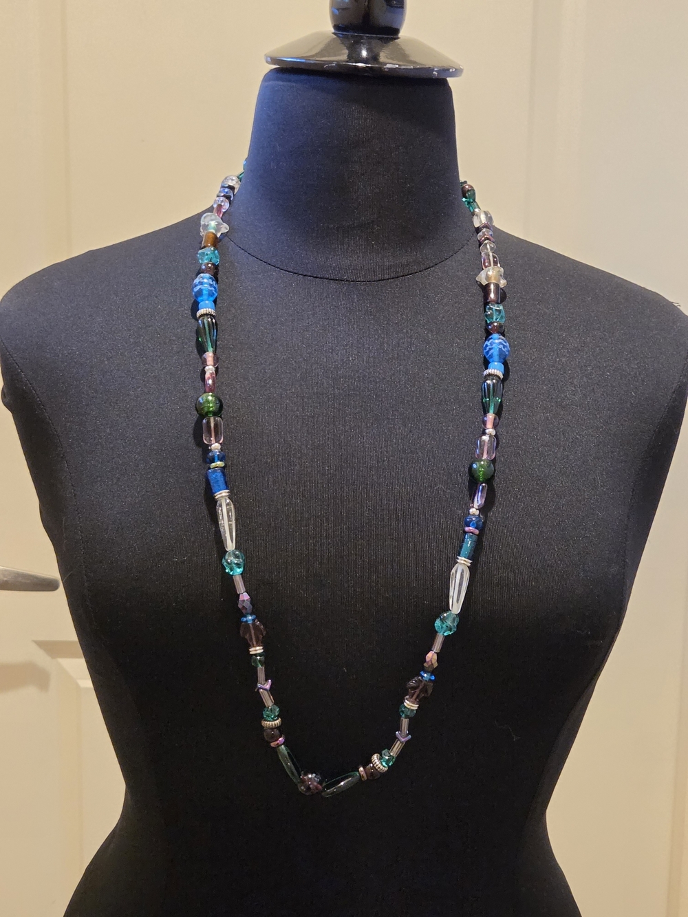 32" Long Multi-Color Glass Bead Necklace - Blue & Green Accent